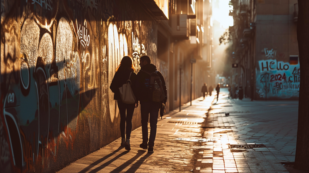 On a wall a urban graffiti says "Hello 2024". Two Spaniards leaving a bar in Barcelona at sunrise. Cinematic still, Paola Franki style, early sunrise foggy light. Soft colors. Sony A7 camera